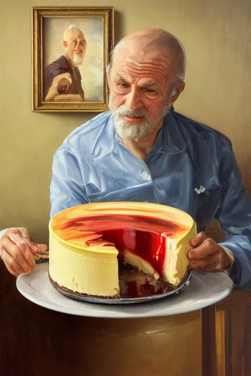 Image similar to man putting cheesecake in the fridge, oil on canvas, intricate, portrait, 8 k highly professionally detailed, hdr, cgsociety