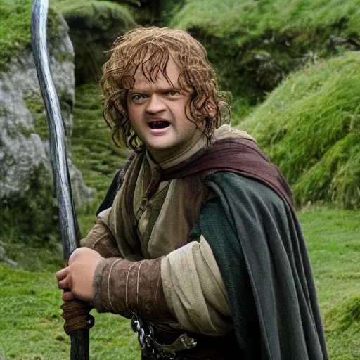 Image similar to kelsey grammar as a hobbit in lord of the rings, 4 k hd film still