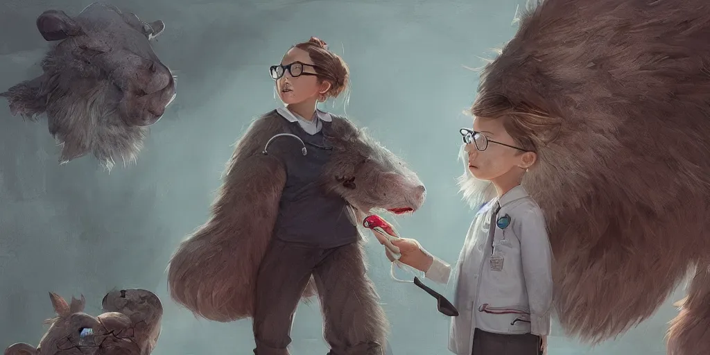 Prompt: little girl wearing big glasses and doctor clothes along with a big friendly furry monster, character sheet, concept design, greg rutkowski, zabrocki, karlkka, jayison devadas, trending on artstation, 8 k, ultra wide angle, zenith view, pincushion lens effect