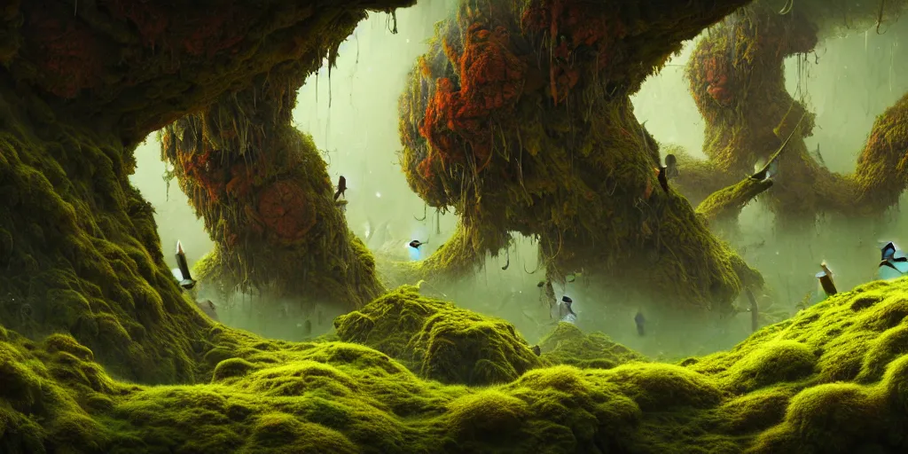 Image similar to a mossy alien planet land scape by karol bak, james jean, tom bagshaw, rococo, sharp focus, trending on artstation, cinematic lighting, hyper realism, octane render, 8 k, hyper detailed, vivid, ultra detailed, highly detailed