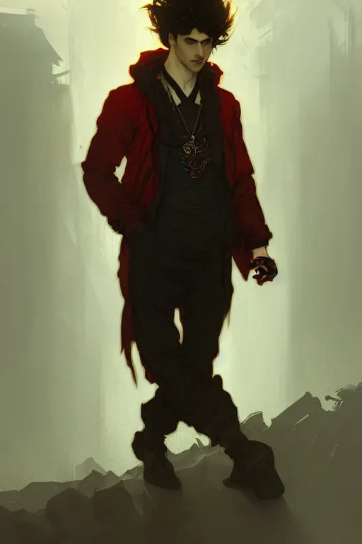 Image similar to portrait of a beautiful young fit male vampire with curly white hairs and yellow eyes, dressed with urban clothes, by greg rutkowski and alphonse mucha, d & d character, gradient white to red, modern nocturnal background, highly detailed portrait, digital painting, artstation, concept art, smooth, sharp focus ilustration, artstation hq
