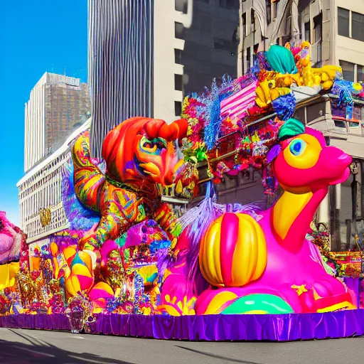 Image similar to photo of giant lisa frank inspired parade float in the macys thanksgiving parade, detailed 4 k photo