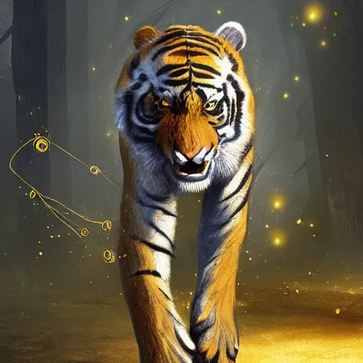 Image similar to !dream a humanoid tiger like creature with grey fur in full body armor, force fields on the armor, yellow eyes, and grey fur with teeth that protrude past their lower jaw holding rifles