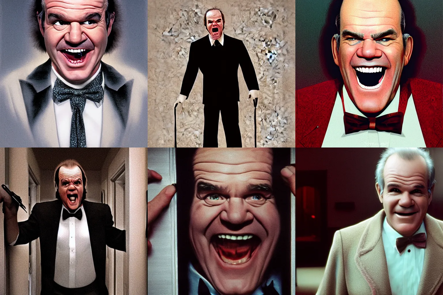 Prompt: Steve Martin playing the role of Jack Nicholson in the Shining, hyperrealism, detailed, trending on artstation, 8k