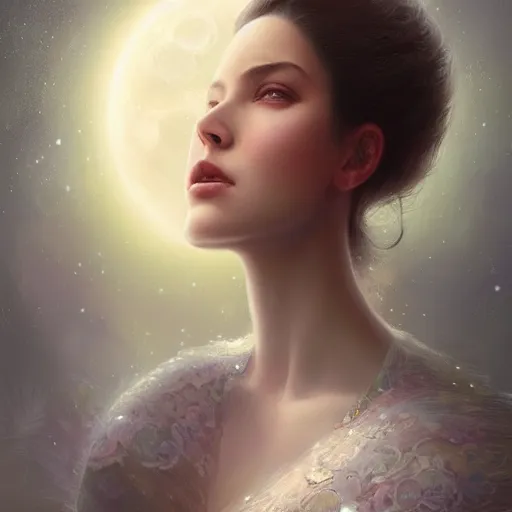 Image similar to a beautiful digital painting of a princess, princess, the moon behind her, intricate, cinematic lighting, highly detailed, digital painting, concept art, smooth, sharp focus, illustration, art by tom bagshaw, artgerm and greg rutkowski - 1 0 0 k