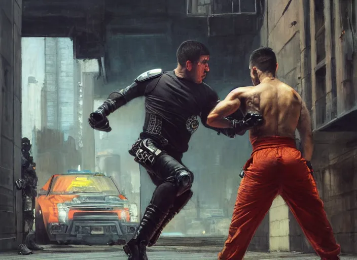 Image similar to Javier fights sgt Nash. Cyberpunk kickboxer in orange jumpsuit fighting menacing police troopers (blade runner 2049). attractive face. Epic painting by john william waterhouse and Edwin Longsden Long and Theodore Ralli and Nasreddine Dinet, oil on canvas. Cinematic, hyper realism, realistic proportions, dramatic lighting, high detail 4k