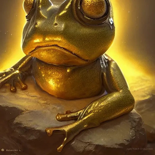 Image similar to primitive golden frog idol, d & d, fantasy, portrait, digital painting, trending on artstation, concept art, sharp focus, illustration, art by artgerm and greg rutkowski and magali villeneuve