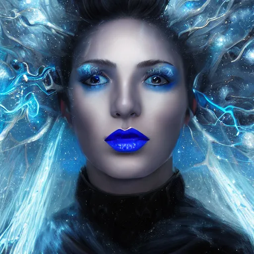 Image similar to masterpiece portrait of an aesthetic elegant mage woman, ice spell, 3 0 years old woman, black dynamic hair, wearing silver diadem with blue gems inlays, silver necklace, painting by joachim bergauer and magali villeneuve, atmospheric effects, chaotic blue sparks dynamics in the background, intricate, artstation, instagram, fantasy