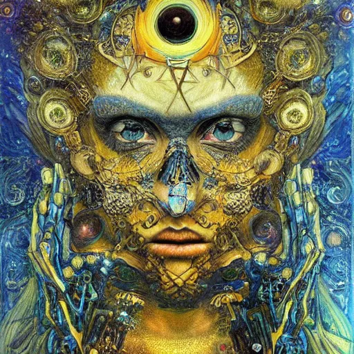 Prompt: Memento Mori by Karol Bak, Jean Deville, Gustav Klimt, and Vincent Van Gogh, beautiful visionary mystical portrait, otherworldly, fractal structures, ornate gilded medieval icon, third eye, spirals, ornate Neo-Gothic architecture