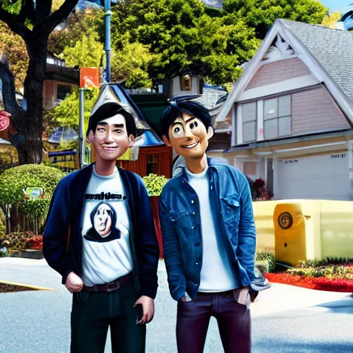 Prompt: hiro and tadashi hamada standing in front of their home in san fransokyo, pixar film,