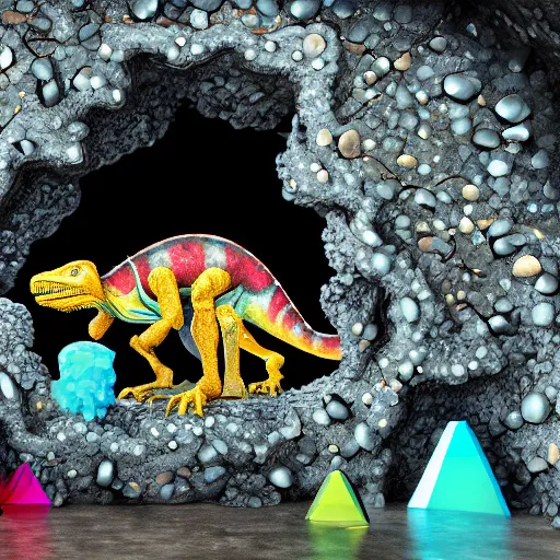 Image similar to photorealistic dinosaur skeleton inside a geode of colored crystals