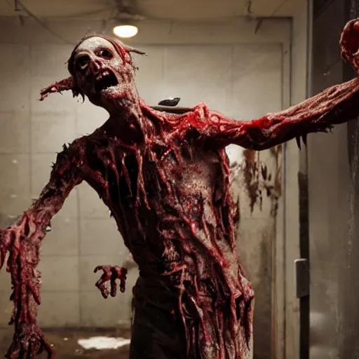 Image similar to gruesom rotting zombie with missing limbs, movie still