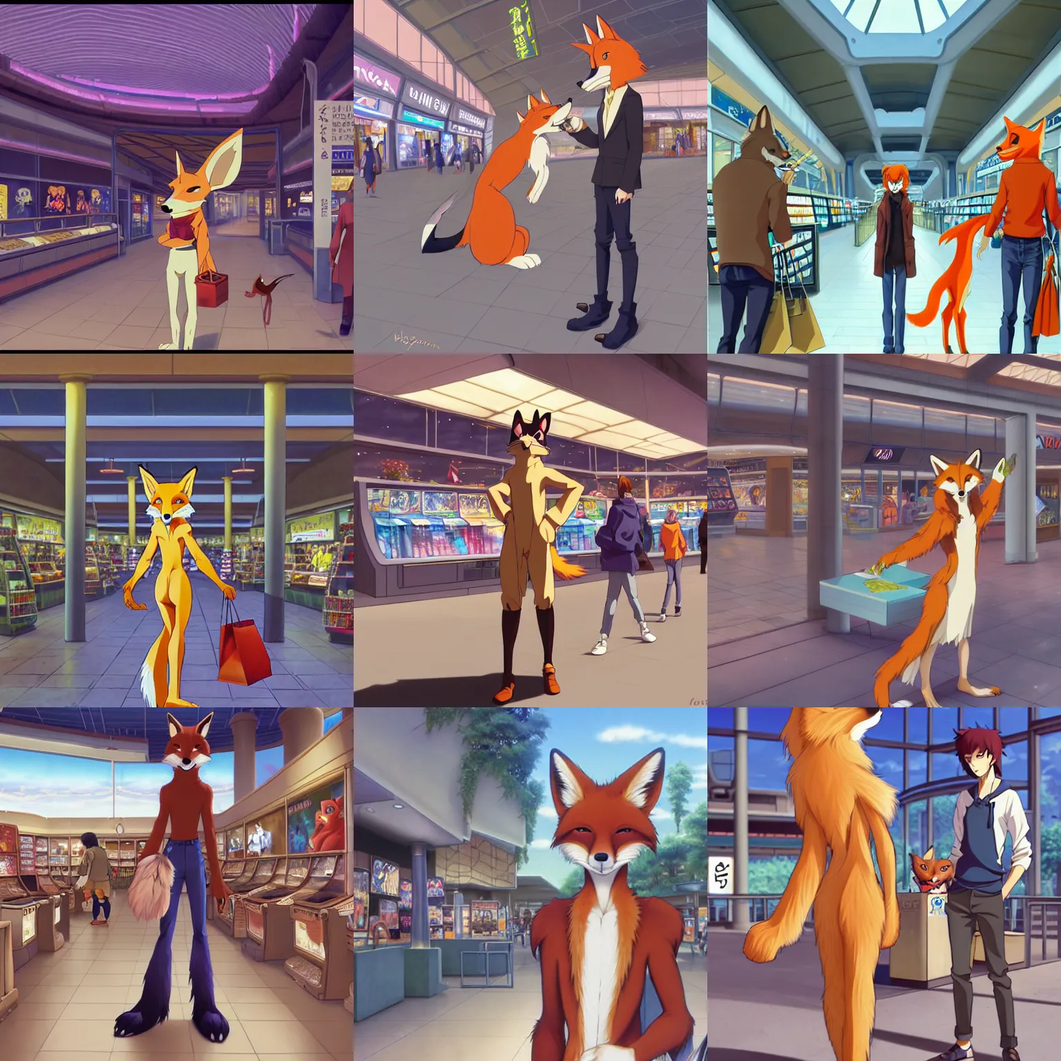 Image similar to anthro art commission of an anthropomorphic natural furry ( ( fox ) ) person shopping at a futuristic mall, photorealistic, key anime art, makoto shinkai, james gurney, don bluth, disney!!!!, hibbary, dark natasha, goldenwolf, furaffinity, fursona, greg rutkowski