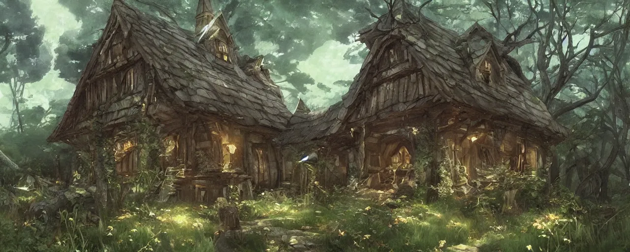 Image similar to a witches house nestled between the lush forest, trending on pixiv fanbox, painted by greg rutkowski makoto shinkai takashi takeuchi studio ghibli, eugene von guerard, ivan shishkin, john singer sargent