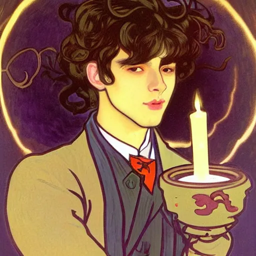 Image similar to painting of young cute handsome beautiful dark medium wavy hair man in his 2 0 s named shadow taehyung and cute handsome beautiful min - jun together at the halloween! party, bubbling cauldron!, candles!, smoke, autumn! colors, elegant, wearing suits!, delicate facial features, art by alphonse mucha, vincent van gogh, egon schiele