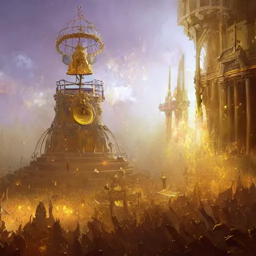 Prompt: a holy bell ringing, a giant golden holy bell, hearthstone art style, epic fantasy style art by Craig Mullins, fantasy epic digital art, epic fantasy card game art by Greg Rutkowski