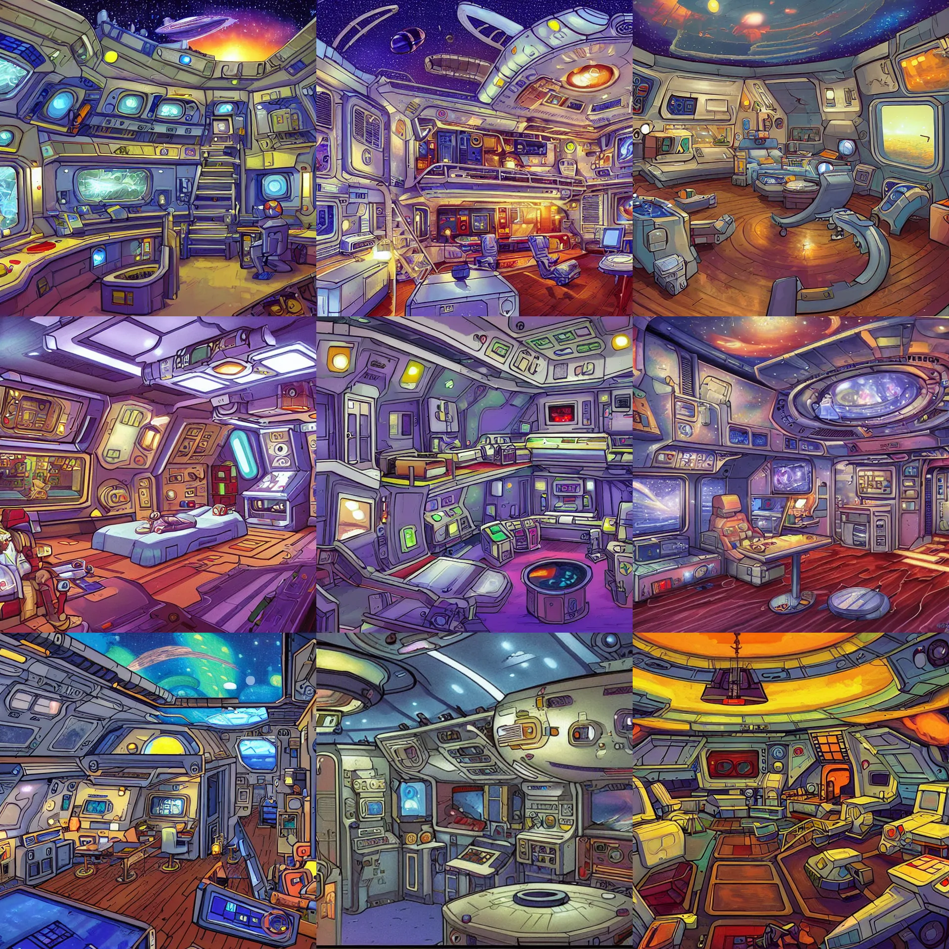 Prompt: an officer's living quarters onboard a spaceship, from a space themed lucasarts point and click 2 d graphic adventure game, art inspired by thomas kinkade