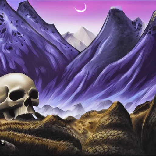 Image similar to a giant, stunning belt with a skull on it, huge mountain, purple sky, hyper - detailed digital painting