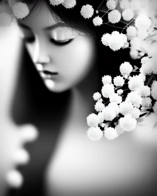 Prompt: black and white dreamy young beautiful veiled female artificial intelligence, realistic flowers ornament in the face, long hair are intricate with highly detailed realistic flowers, cinematic, rim light, bokeh, photo - realistic, elegant, high detail, 8 k, masterpiece, photo taken in 1 9 3 0