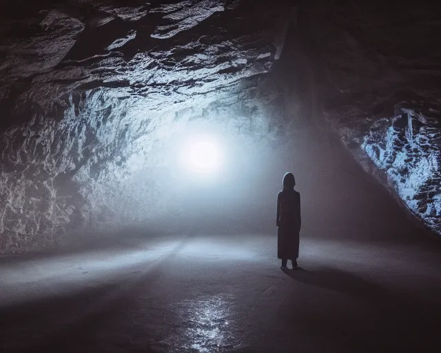 Image similar to a person standing in a dark room with a flashlight, a cave painting by elsa bleda, trending on unsplash, light and space, bioluminescence, volumetric lighting, luminescence