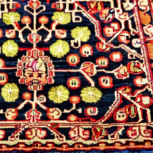 Prompt: closeup photo persian rug with kiwi fruits ornament