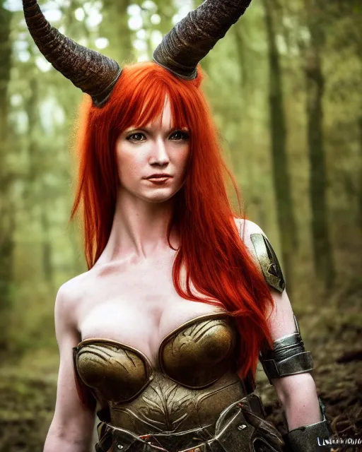 Image similar to 5 5 mm portrait photo of an armored redhead woman warrior, and horns growing from her head, in a magical forest. by luis royo. highly detailed 8 k. intricate. lifelike. soft light. nikon d 8 5 0. cinematic post - processing