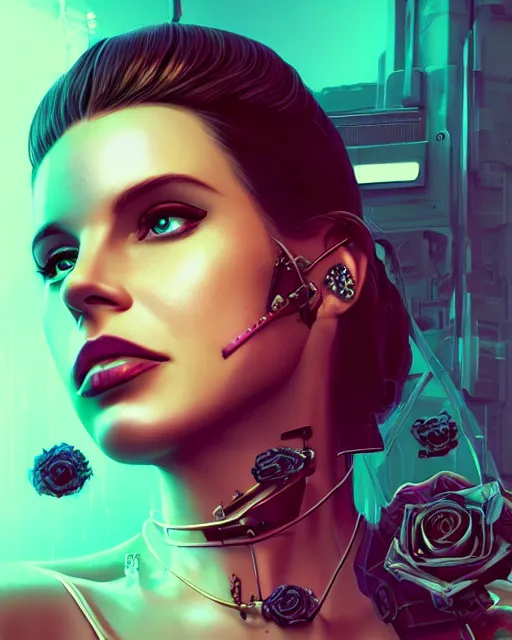 Image similar to portrait of lana del rey as a cyberpunk cyborg. sci - fi intricate abstract upper body intricate artwork, roses, rose petals by tooth wu, wlop, beeple, dan mumford. concept art, octane render, trending on artstation, greg rutkowski, asymmetrical, cinematic arthouse, key art, hyper realism, iridescent accents