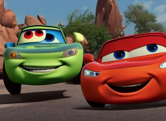 Image similar to a still from disney pixar's cars with a cameo from tommy wiseau