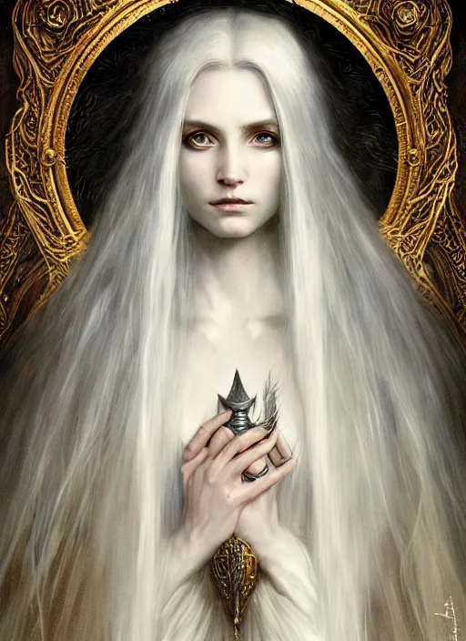 Image similar to immortal majestic elven sorceress wearing a cloak, long beautiful strands of pale white hair, engraving, concept art, elden ring, illustration, smooth, sharp focus, by gustave dore and greg rutkowski, hyper realistic face, piercing beautiful eyes, fantasy art, in the style of midjourney, intricate, alphonse mucha, hyper detailed