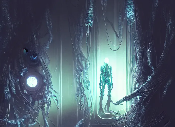 Prompt: a mysterious translucent space alien, neon wired tubing, eerie shimmering surroundings, concept art, intricate, detailed, award - winning, cinematic, octane render, 8 k, photorealistic, by tsutomu nihei, by emil melmoth, by gustave dore, by craig mullins, by yoji shinkawa