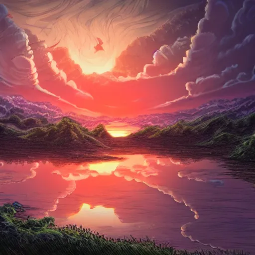 Image similar to Highly detailed landscape during sunset in the style of Jim lee, 4k