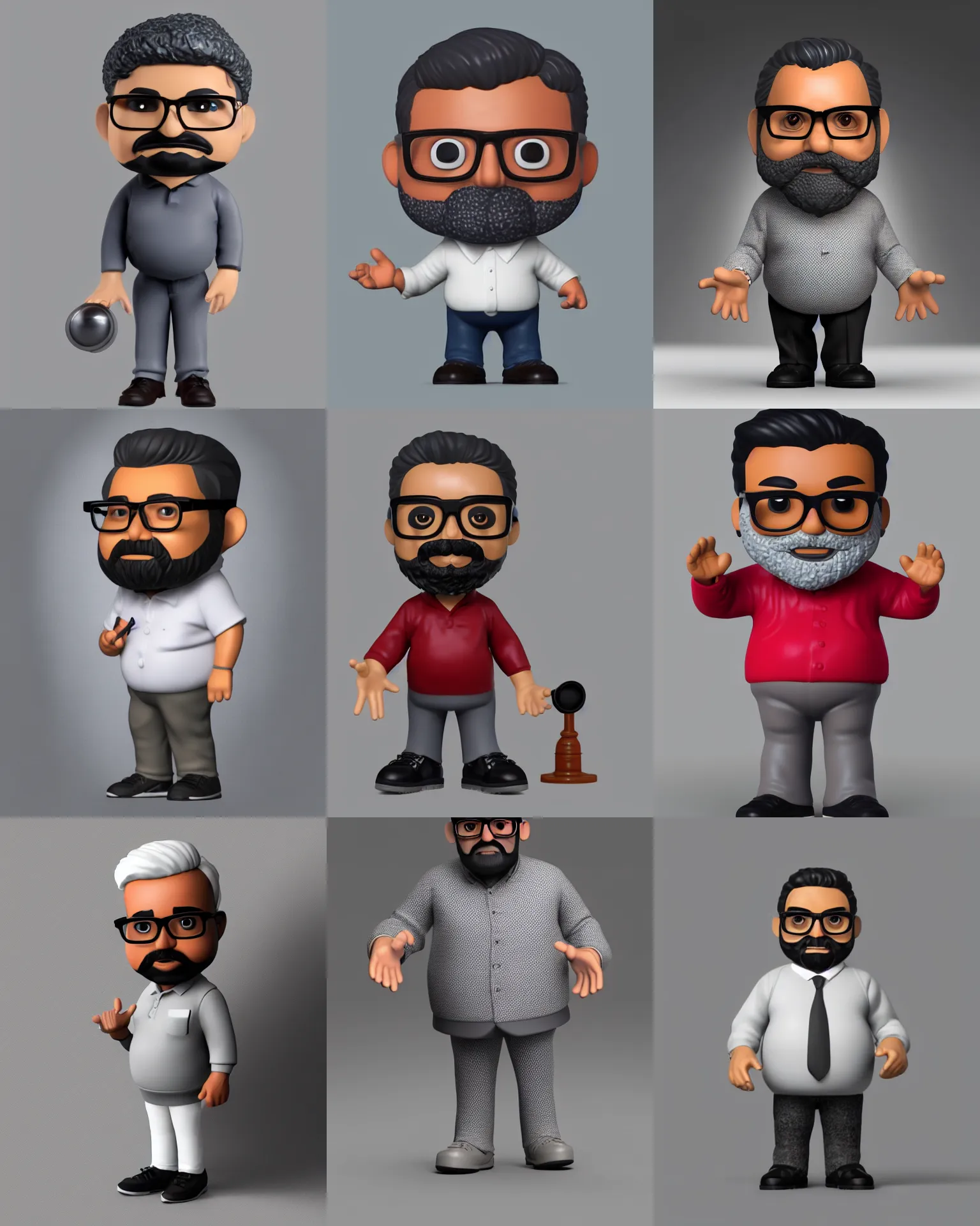 Prompt: full body 3 d render of middle aged indian man, chubby face, small dark grey beard, small glasses, dark hair, as a full body funko pop!, studio lighting, grey background, single body, no shadow, blender, trending on artstation, 8 k, highly detailed