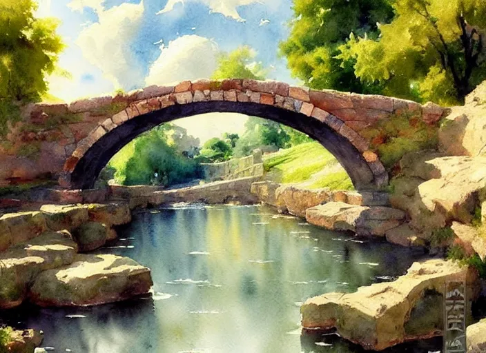 Image similar to watercolor of rustic stone bridge with mural, ivy, summer daylight, bright clear day, clouds, high detailed art by dennis miller bunker, work by anders zorn, wonderful masterpiece by greg rutkowski, beautiful cinematic light, american romanticism by greg manchess, creation by tyler edlin