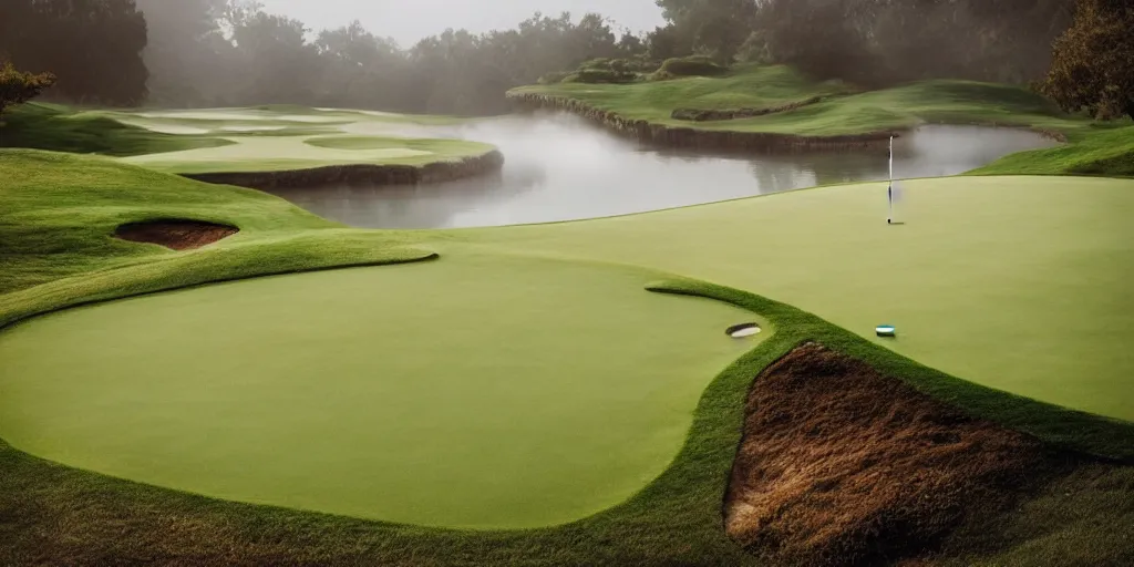 Image similar to a great photograph of the most amazing golf hole in the world, surrounded by water, giant octopus, ambient light, golf digest, top 1 0 0, fog