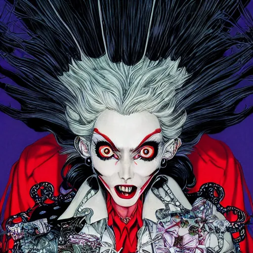 Image similar to portrait closeup of crazy cruella de vil, symmetrical, by yoichi hatakenaka, masamune shirow, josan gonzales and dan mumford, ayami kojima, takato yamamoto, barclay shaw, karol bak, yukito kishiro