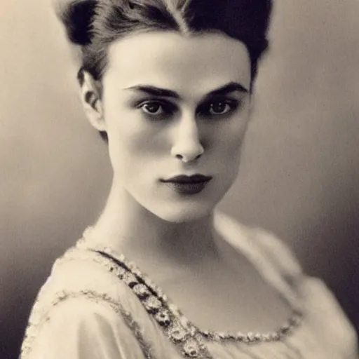 Image similar to edwardian photograph of a mix of keira knightley and grace kelly, 1 9 0 0 s, 1 9 1 0 s, grainy, slightly blurry, faded, realistic face, elegant, graceful, vintage hollywood star