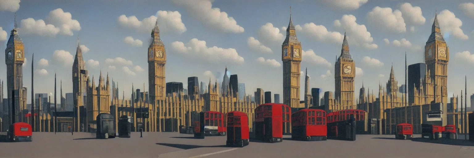 Prompt: london cityscape oil painting magritte