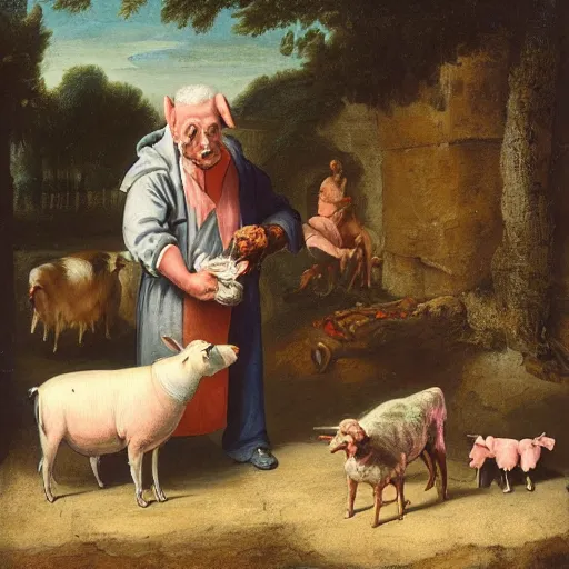 Image similar to butcher giving food to a dog, while being watched by a pig, a sheep, a chicken and a cow