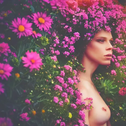 Image similar to cinematic medium shot of a woman body made completely of plants and flowers, shallow depth of field, garden setting