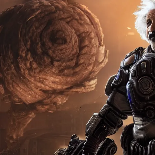 Image similar to Albert Einstein in Gears of War, splash art, movie still, detailed face, cinematic lighting, dramatic, octane render, long lens, shallow depth of field, bokeh, anamorphic lens flare, 8k, hyper detailed, 35mm film grain