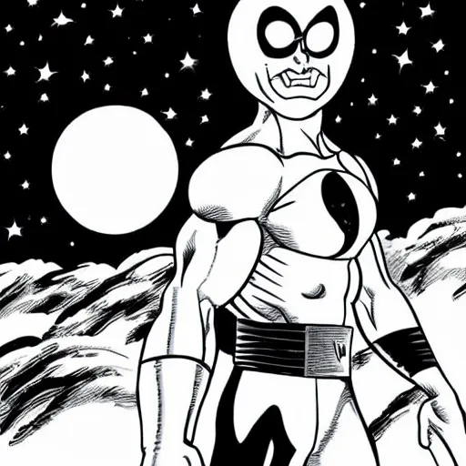 Image similar to comic White Lantern in black and white uniform in space standing infront of the moon,