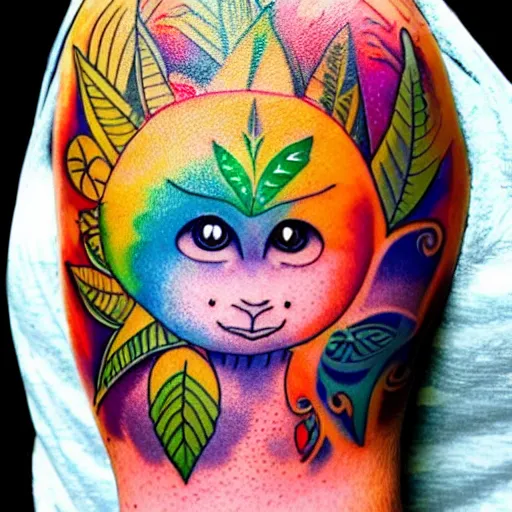 Image similar to shoulder tattoo of a multicolored trippy meditating cute bush baby, eyes are glowing rainbow spirals, happy mood, surrounded with colorful magic mushrooms and rainbow marihuana leaves, insanely integrate