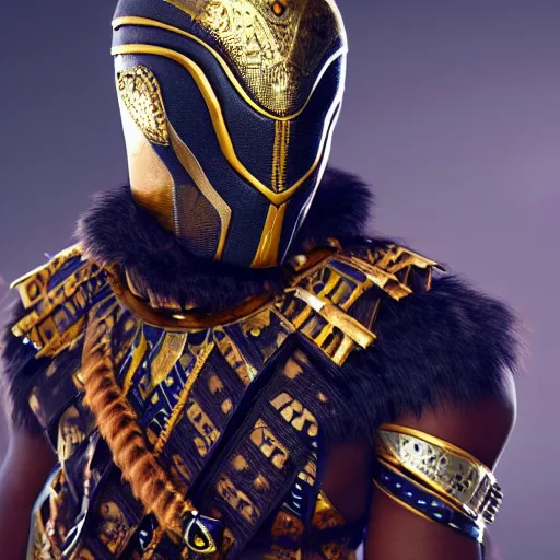 Image similar to wakandan warrior in steampunk armor, closeup portrait shot, highly detailed, photorealistic portrait, bright studio setting, studio lighting, crisp quality and light reflections, unreal engine 5 quality render