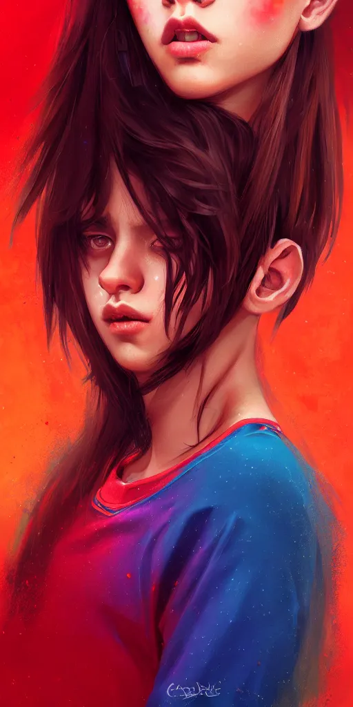 Image similar to colorful and festive captivating teenager with straight brown hair covering his eye, dark skin, big lips, big eyes, wearing a red t - shirt. rich vivid colors, ambient lighting, dynamic lighting, 4 k, atmospheric lighting, painted, intricate, highly detailed by charlie bowater