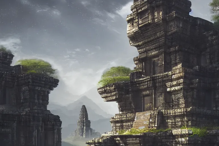 Prompt: brutalist futuristic angkor - styled structures in a primordial valley by jessica rossier