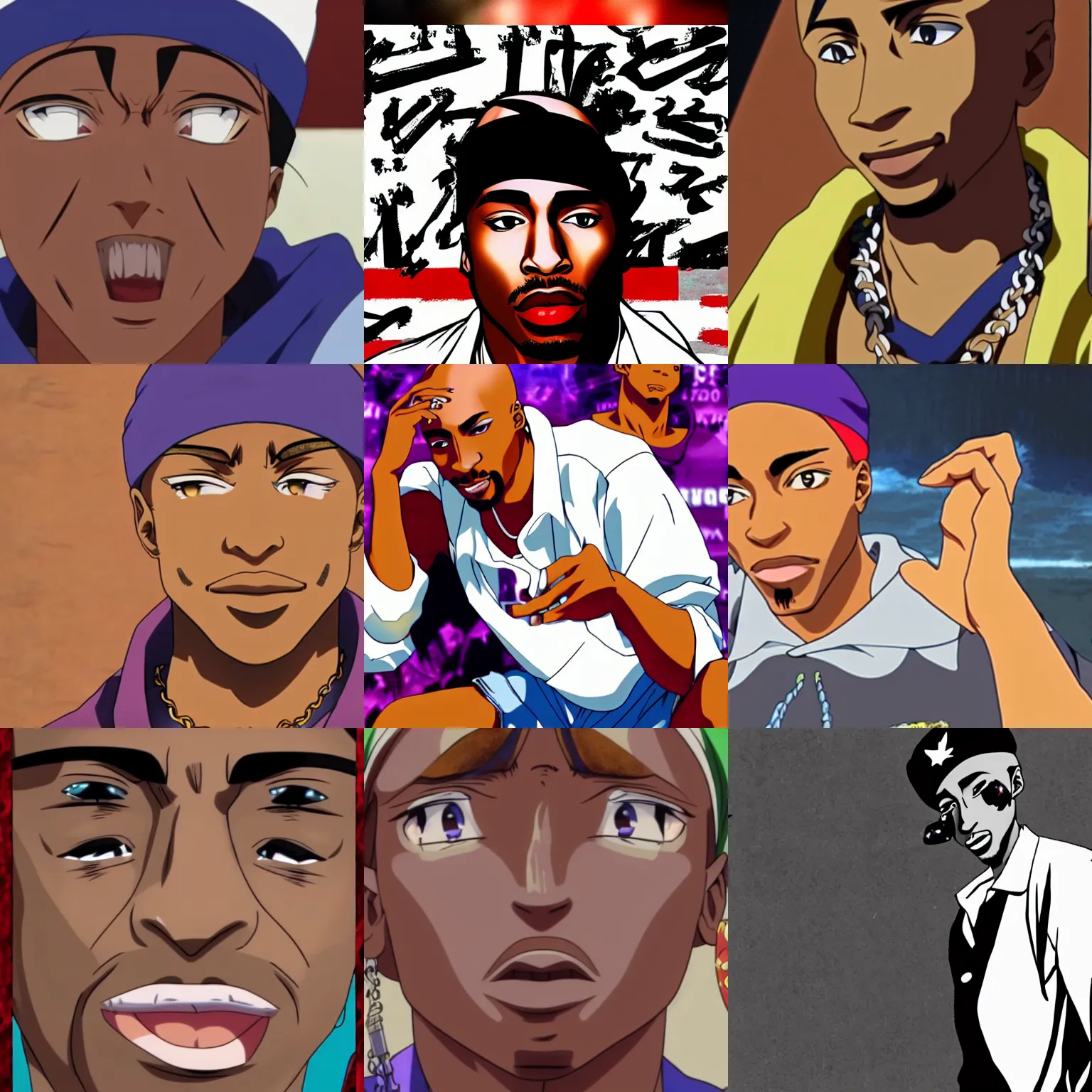 Image similar to Tupac Shakur, screenshot from a 2012s anime