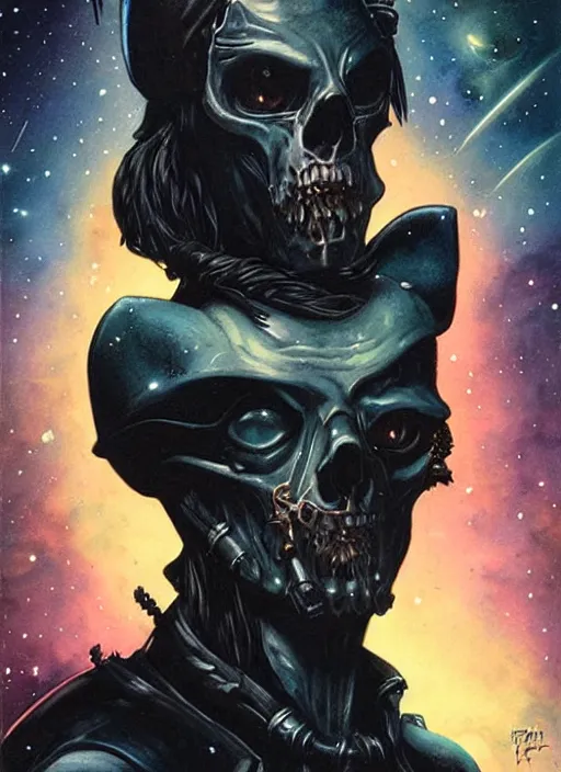 Image similar to portrait of space pirate, night sky background, coherent! by brom, deep color, strong line, high contrast