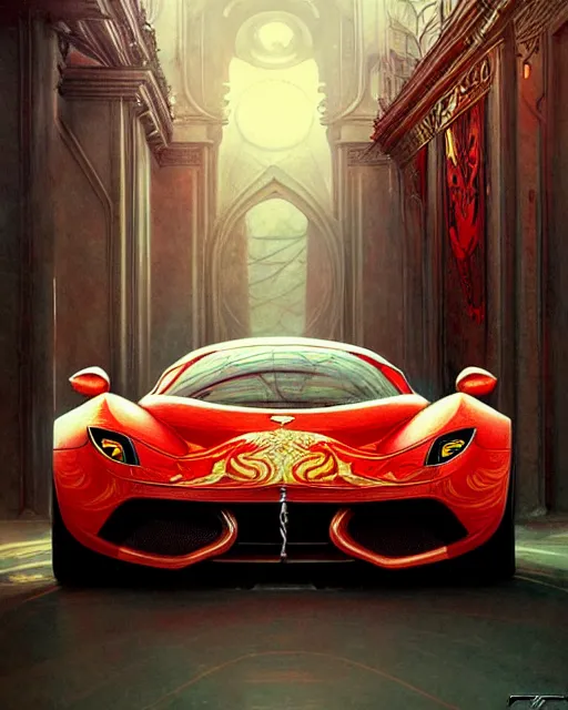 Prompt: Art nouveau Ferarri car, fantasy, intricate zigzag designs, elegant, highly detailed, sharp focus, art by Artgerm and Greg Rutkowski and WLOP