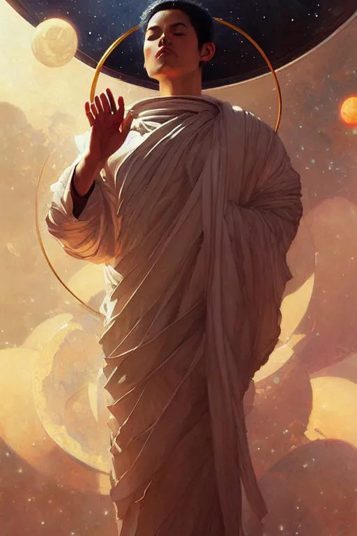 Prompt: space, temple, buddhism, taoism, painting by greg rutkowski, j. c. leyendecker, artgerm