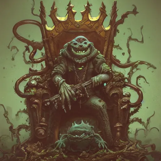 Prompt: murky sewer scene with an evil rat king sitting on a throne and grinning, surrounded by other rats. trending on artstation, fantasy illustration, rat people, extremely detailed